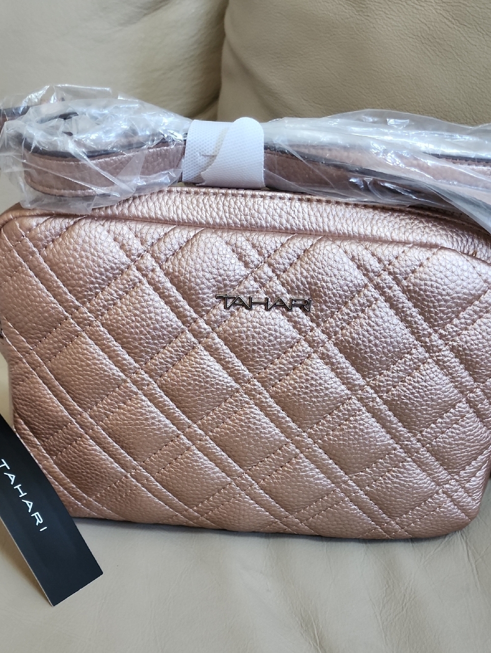 Tahari Women's Metallic Rose Gold Quilted Crossbody Shoulder Bag New